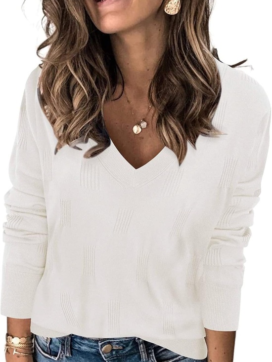 Merokeety Sweaters - Classic V-Neck Knit Sweater with Subtle Texture in White